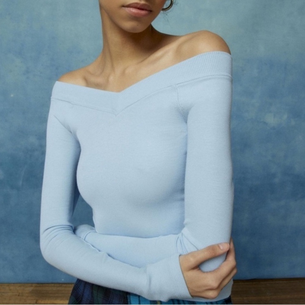 NWOT Urban Outfitters BDG Shannen Off-The-Shoulder Long Sleeve Tee Light Blue